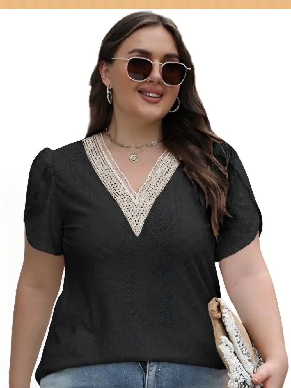 Black V-Neck Lace Trim Short Sleeve Top - Women